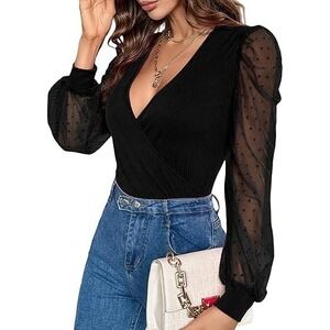 MSRP $34 Fayenne Women's XXL Black Deep V Neck Cross Wrap Top Polka Dot Mesh
